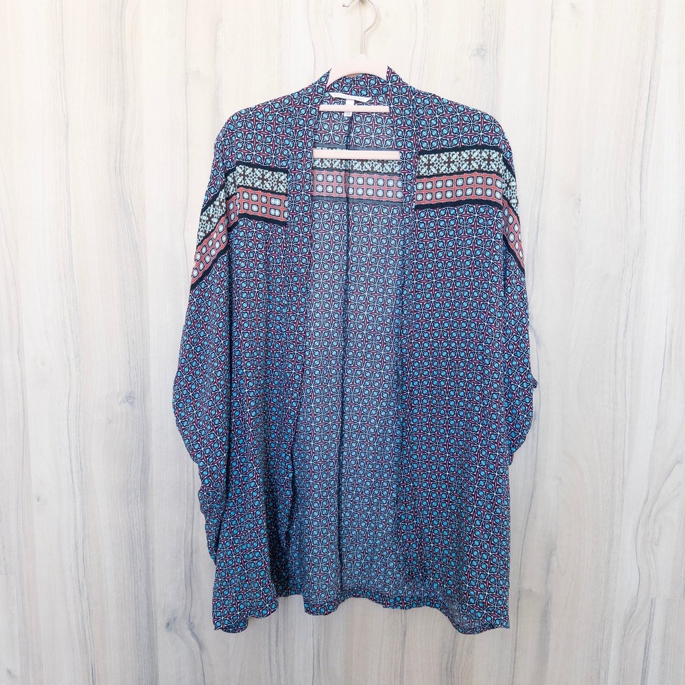 Victorias Secret Womens Kimono XS/S Blue Geometric Open Front Wrap Boho Festival